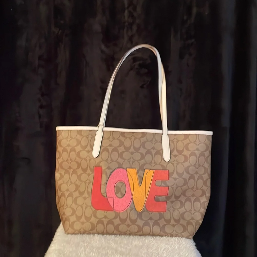 Coach Brown Signature Canvas Tote with Pink, Orange & Red LOVE Appliqué